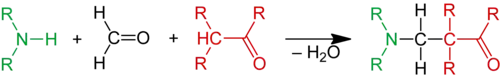 Amoniak nebo amin reaguje s formaldehydem a kyselým alfa protonem proton karbonylové sloučeniny za vzniku beta amino karbonylové sloučeniny.