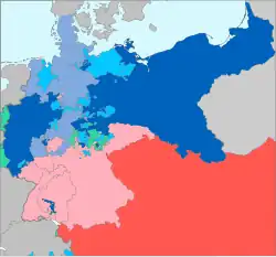 Tmavě modrá: Prusko, modrá: Pruskem anektovaná území, blankytná: spojenci Pruska, červená: Rakouské císařství, růžová: spojenci Rakouska, zelená: neutrální státy Německého spolku
