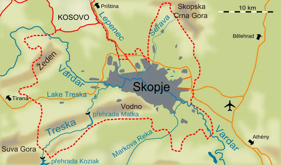 schematická mapa Skopje a nejbližšího okolí
