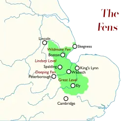 Rozsah oblasti s vyznačením hlavních dílčích jednotek (nazývaných Fen nebo Level) a nejvýznamnějších sídel