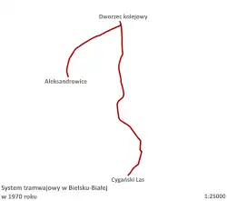 Schema tramvajových trati v roce 1970