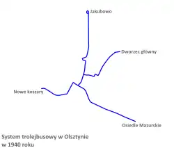 Trolejbusová síť v Olštýně v roce 1940