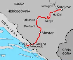 Schéma tratě na mapě Bosny a Hercegoviny a Chorvatska