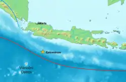 Mapa ukazující umístění epicentra