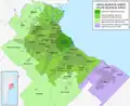 Mapa okolí Buenos Aires. Součástí metropolitní oblasti jsou okresy označené sytě a tmavě zeleně.