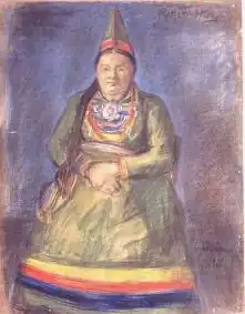 Pastel portrait of Marie Finskog in green, sitting on a chair