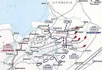 Mapa východního Pruska zachycující bitvu