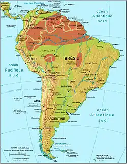 Rozšíření matamaty třásnité v Jižní Americe je na mapě zvýrazněno hnědě.