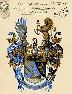 Erb rodu Maurigů ze Sarnfeldu (1867, Rakouský státní archiv Vídeň)