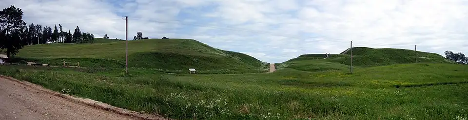 Vlevo Medvėgalis, vpravo hradiště Pilies kalnas, jinak Medvėgalio piliakalnis, zmiňovaný r. 1316 jako "castrum Medewagilin"