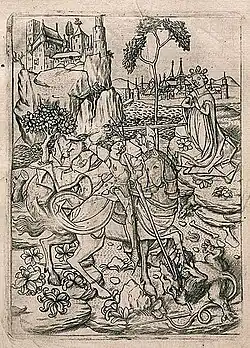 Svatý Jiří bojuje s drakem, grafický list Mistra E. S., pravděpodobná inspirace tvůrce nástěnné malby v kapli sv. Jiří