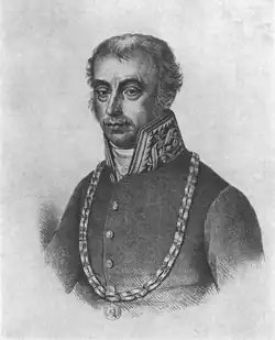 Michael Schuster na portrétu A. Machka (rytina F. Šír), cca 1820