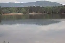 Vzdálený ostrůvek v Milčanském rybníce s pozůstatky hradu