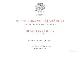 Dekret udělený Milanu Balabánovi 28. října 2002