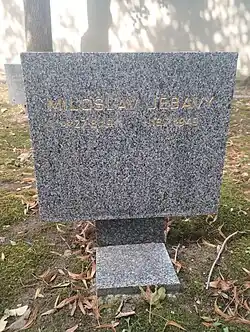 Symbolický hrob M. Jebavého na Čestném pohřebišti popravených a umučených z padesátých let (III. odboj) na Ďáblickém hřbitově v Praze.