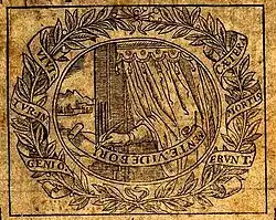 Titulní strana knihy s rytinou ruky, píšící motto; tělo pisatele zakrývá závěs.