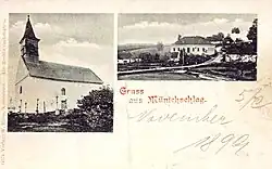 Ves Mnich s kostelem sv. Jana Křtitele na pohlednici z roku 1899