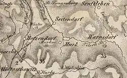 Černobílá německá mapa, na níž jsou vyznačeny Mořkov a několik dalších okolních vesnic.