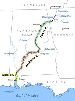 řeky Mobile, Alabama a Coosa na mapě