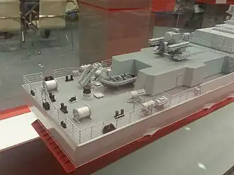 Model korvety projektu 22800 se systémem Pancir-M na záďové nástavbě