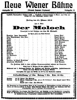 Cedule ke světové premiéře Molocha (21. ledna 1910)