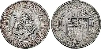 Kurfiřt Mořic Saský, zlatníkový groš 1552, Mincovna ve Freibergu. Měnová odluka od roku 1547