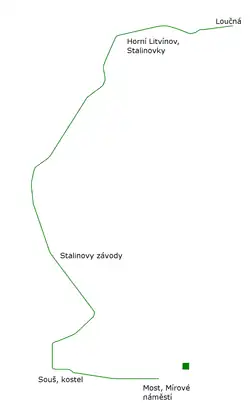 Schéma trolejbusové tratě v Mostě a v Litvínově v roce 1955