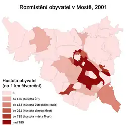 Rozmístění obyvatelstva v Mostě podle hustoty zalidnění základních sídelních jednotek.