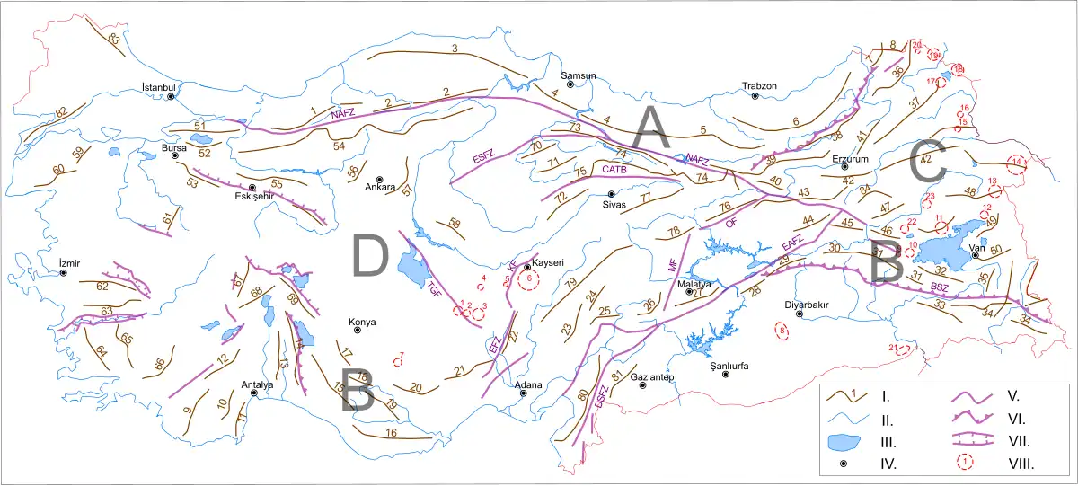 Pohoří Turecka: A – Pontské pohoří: 1 Bolu Dağları, 2 Ilgaz Dağları, 3 Küre Dağları, 4 Canik Dağları, 5 Giresun Dağları, 6 Rize Dağları. Malý Kavkaz: 7 Karçal Dağları, 8 Šavšetský hřbet. B – Taurus: 9 Akdağlar, 10 Bey Dağları, 11 Yanartaş Dağları, 12 Katrancik Dağları, 13 Kuyucak Dağları, 14 Dedegöl Dağları, 15 Geyık Dağları, 16 Yarımadası, 17 Erenler Dağı, 18 Eşenler Dağı, 19 Oyuklu Dağı, 20 Karaman Platosu, 21 Bolkar Dağları, 22 Ala Dağlar, 23 Dibek Dağları, 24 Binboğa Dağları, 25 Berıt Dağı, 26 Nurhak Dağı, 27 Malatya Dağları, 28 Maden Dağları, 29 Akdağ, 30 Genç Dağları, 31 Bitlis Dağları, 32 İhtiyarşahap Dağları, 33 Yazlıca Dağı, 34 Hakkari Dağları, 35 Koçkıran Dağı C – Arménská vysočina: 36 Yalnizçam Dağları, 37 Allahuekber Dağları, 38 Mescit Dağları, 39 Otlukbeli Dağları, 40 Esence Dağları, 41 Kargapazarı Dağları, 42 Karasu Aras Dağları, 43 Karagöl Dağları, 44 Körboğa Dağları, 45 Serafettin Dağları, 46 Oltuk Dağları, 47 Akdoğan Dağları, 48 Aladağ, 49 Pirreşit Dağları, 50 Erek Dağı D – Anatolská plošina a hory západního Turecka: 51 Samanlı Dağları, 52 Katırlı Dağları, 53 Uludağ, 54 Köroğlu Dağları, 55 Sündiken Dağları, 56 Abdüsselam Dağları, 57 Elmadağ, 58 Kervansaray Dağı, 59 Armutçük Dağı, 60 Kaz Dağı, 61 Eğriöz Dağı ,62 Boz Dağları, 63 Aydın Dağları, 64 Beşparmak Dağları, 65 Madranbaba Dağları, 66 Gölgeli Dağ, 67 Sandıklı Dağı ,68 Karakuş Dağı, 69 Sultan Dağları, 70 Buzluk Dağı, 71 Devecı Dağları, 72 Ak Dağlar, 73 Sakabat Dağları, 74 Köse Dağları, 75 Camlıbel Dağları Pohoří na pomezí Arménské vysočiny, Anatolské plošiny a Tauru: 76 Munzur, 77 Tecer Dağları, 78 Yama Dağı, 79 Tahtalı Dağları. Levantská horstva: 80 Nur Dağları, 81 Kartal Dağı. Balkán: 82 Gelibolu Yarımadası,83 Yıldız Dağları Sopečné vrcholy: 1 Hasan Dağı, 2 Keçıboydaran, 3 Melendiz Dağı, 4 Erdas Dağı, 5 Hodul Dağı, 6 Erciyes Dağı, 7 Karadağ, 8 Karacadağ, 9 Gökdelen Dağı, 10 Nemrut Dağı, 11 Süphan Dağı, 12 Esrük Dağı, 13 Tendürek Dağı, 14 Ararat, 15 Yağlıca Dağı, 16 Dumanlı Dağı – Tarhandağı, 17 Kısırdağı, 18 Akbaba Dağı, 19 Kel Dağı / Zıyaret, 20 Ilgar Dağı / Uglar, 21 Alem Dağı