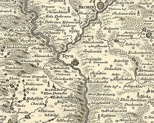 Týn nad Vltavou a okolí na Müllerově mapě Čech z roku 1720.