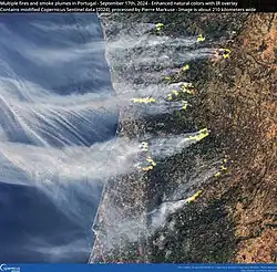 Požáry a kouř z nich v Portugalsku na satelitním snímku ze 17. září 2024