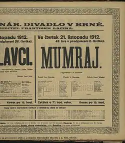 Cedule k premiéře Mumraje v Českém Národním divadle v Brně (21. listopadu 1912).