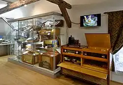 Vlevo skleněná vitrína s mnoha gramofony na třech policích nad sebou, vpravo skříň se dvěma zabudovanými gramofony a nad nimi obrazovka s běžícím filmovým záznamem