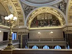 Jedna z lunet: Jan Amos Komenský předkládá r. 1657 městské radě v Amsterodamu svá didaktická díla