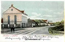 Pohlednice z roku 1899 zobrazující synagogu v Nýřanech