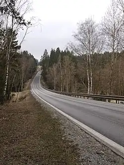 Silnice I/3 v místě nehody, pohled z levé krajnice směrem k můstku přes Hněvanovický potok. Autobus přijížděl z protějšího kopce ze směru od Dolního Dvořiště (duben 2018)