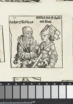 Náchor a jeho manželka Milka z Norimberských kronik od Hartmanna Schedla