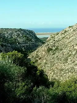 Údolí Nachal Sfunim, v pozadí Středozemní moře