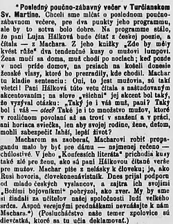 Článek o recitaci Louisy Hálkové ve slovenských Národných novinách z 19. dubna 1913