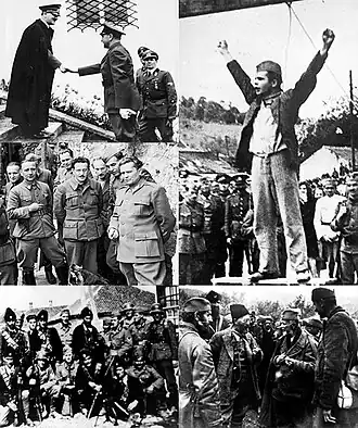 Ve směru hodinových ručiček zleva nahoře: Ante Pavelić při návštěvě Adolfa Hitlera na Berghofu; Stjepan Filipović oběšen okupačními silami; Draža Mihailović jedná se svými vojáky; skupina Četniků s německými vojáky ve vesnici v Srbsku; Josip Broz Tito s členy britské mise