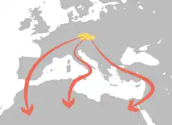 Mapka zobrazuje Evropu a Afriku se třemi šipkami reprezentující tři tahové cesty českého ptactva popsané v článku