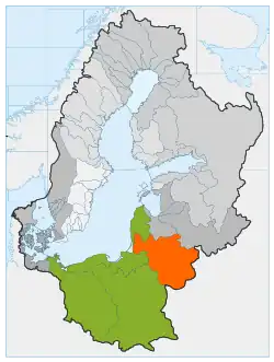 povodí Němenu (oranžově) v rámci úmoří Baltského moře