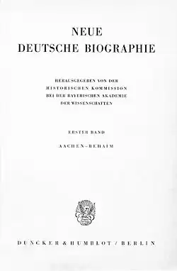 Titulní strana prvního svazku Neue Deutsche Biographie z roku 1953