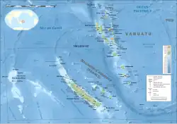 Nová Kaledonie a Vanuatu na batymetrické a topografické mapě