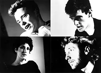 New Order v roce 1985; ve směru hodinových ručiček zleva nahoře Bernard Sumner, Stephen Morris, Peter Hook, Gillian Gilbert