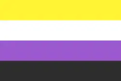 A flag that consists of four stripes coloured (from top to bottom) yellow, white, purple and black.