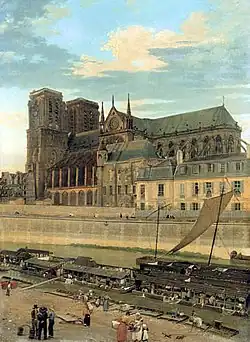Katedrála Notre-Dame s arcibiskupským palácem v roce 1827