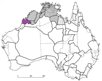 Na této mapě severní Austrálie jsou jižní dalyjské jazyky vyznačeny fialově