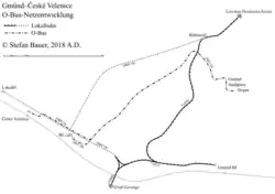 Schéma trolejbusové tratě v Gmündu a Českých Velenicích