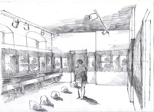 Instalace výstavy fotografií Ondřeje Šika, skica, Úpice, 2016